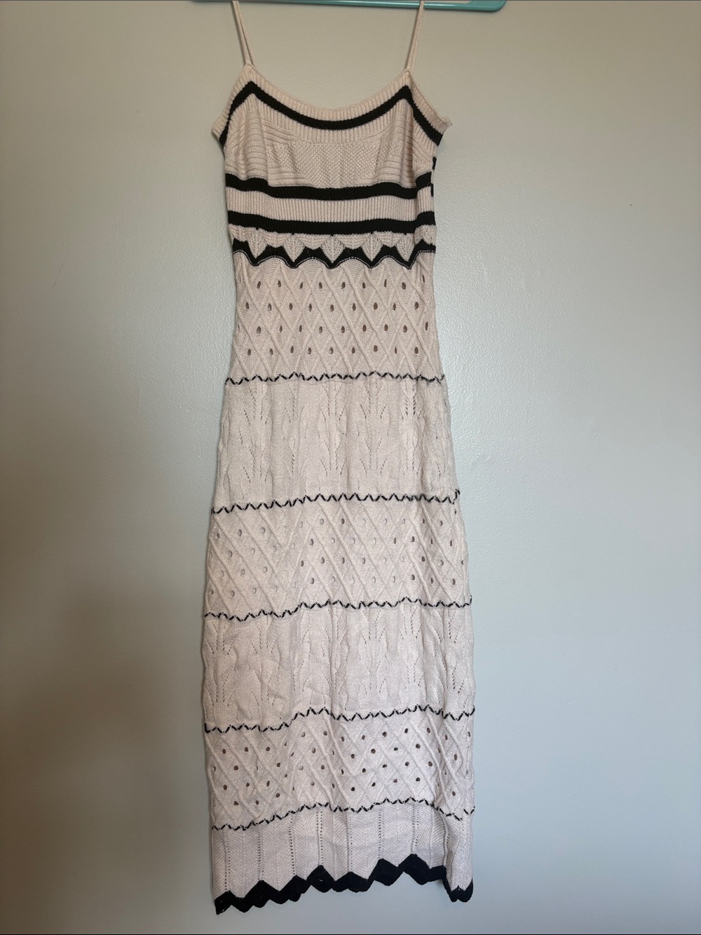 Cream and Black Knit Midi Dress with Striped Details